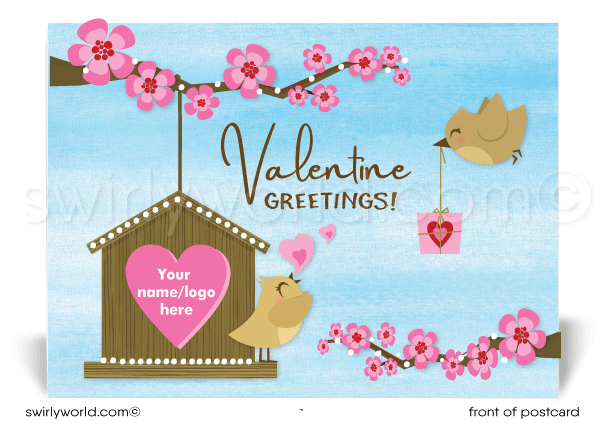 Cute retro bird house with birds digital download happy Valentine's Day postcards for Realtors®.