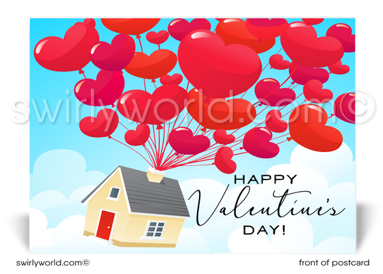 Cute house floating in the clouds with heart shaped balloons flying out of chimney Valentine's Day Postcards for Realtors.