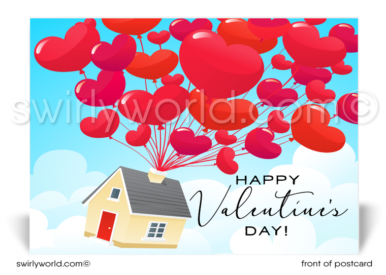 Cute house floating in the clouds with heart shaped balloons flying out of chimney Valentine's Day Postcards for Realtors.