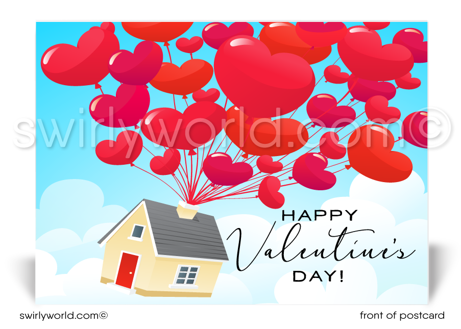 House with heart balloons floating in sky with clouds happy Valentine's Day cards for Realtors.