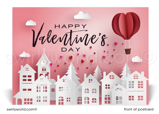 Heart air balloon flying over a neighborhood of houses with floating hearts; happy Valentine's Day cards for Realtors®.