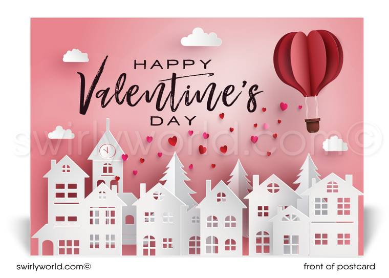 Heart air balloon flying over a neighborhood of houses with floating hearts; happy Valentine's Day cards for Realtors®.