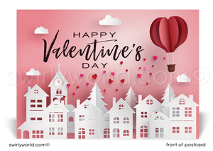 Heart air balloon flying over a neighborhood of houses with floating hearts; happy Valentine's Day cards for Realtors®.