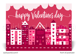 Row of cute houses made of hearts happy Valentine's Day postcards for Realtors®.