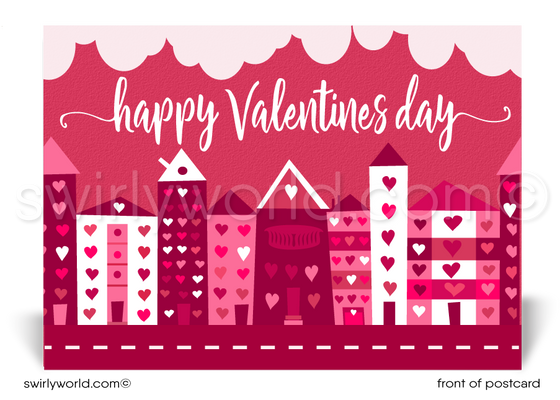 Row of cute houses made of hearts happy Valentine's Day postcards for Realtors®.
