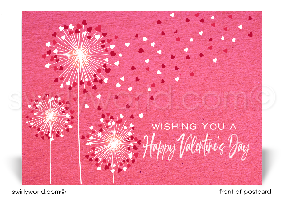  Dandelions with hearts blowing in wind; happy Valentine's Day postcards for business professionals.