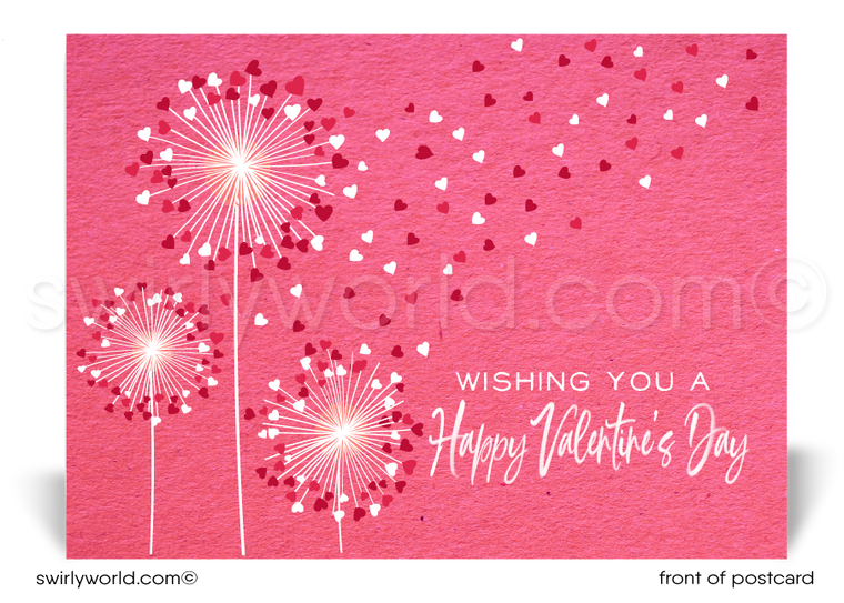  Dandelions with hearts blowing in wind; happy Valentine's Day postcards for business professionals.