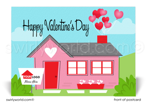 Cute pink house with red door with hearts coming out of chimney; happy Valentine's Day postcards for Realtors and Agents.