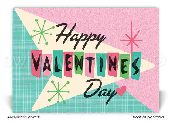 Retro mid-century modern vintage style atomic mod starbursts happy Valentine's Day digital download postcards.