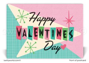 Retro mid-century modern vintage style atomic mod starbursts happy Valentine's Day digital download postcards.