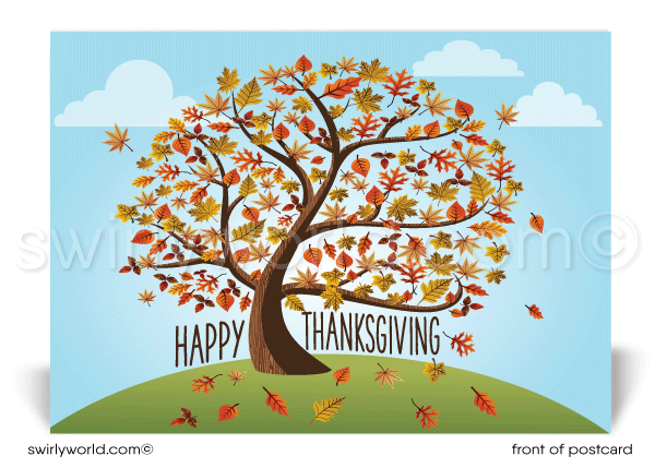 Whimsical Fall Autumn Foliage Tree Happy Thanksgiving Postcards for Business Customers.