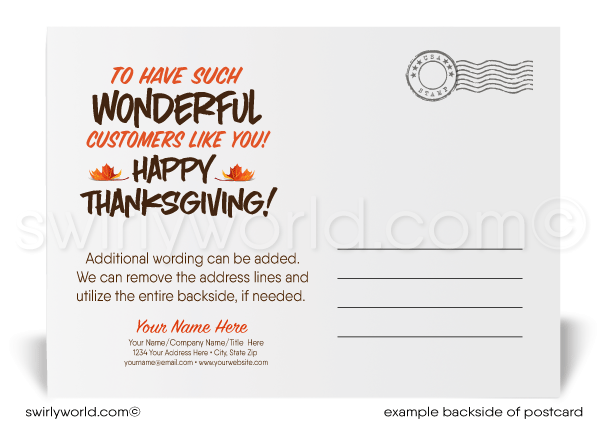 Grateful for your business. Funny cute cartoon turkey professional happy Thanksgiving postcards for business.
