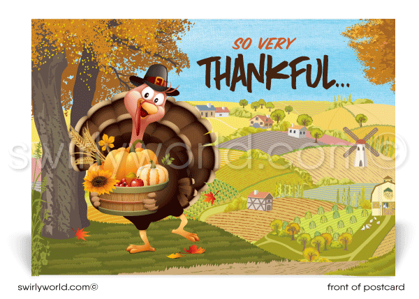 Grateful for your business. Funny cute cartoon turkey professional happy Thanksgiving postcards for business.