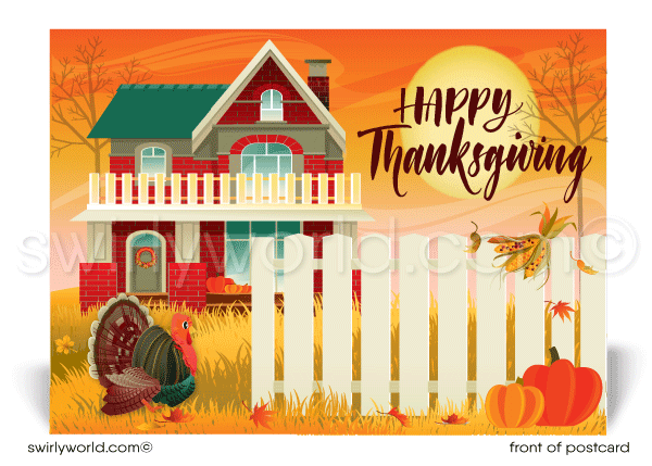 Professional Fall Autumn House Realtor Happy Thanksgiving Postcards for Clients