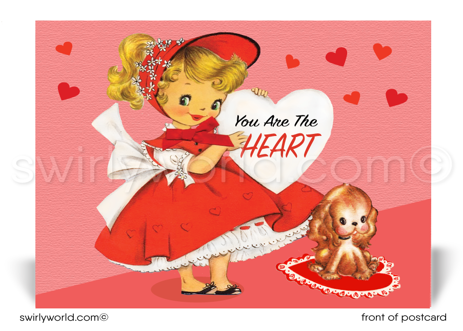 Retro 1950s girl with heart mid-century vintage Valentine's Day postcards for business professionals.
