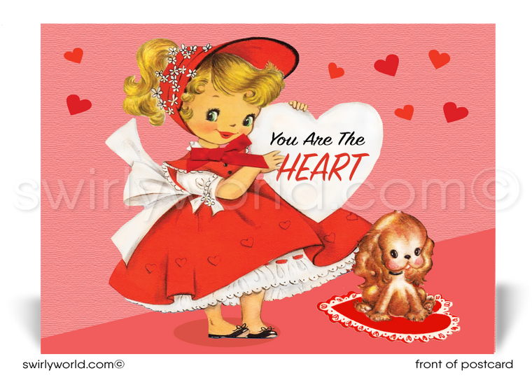 Retro 1950s girl with heart mid-century vintage Valentine's Day postcards for business professionals.