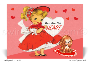 Retro 1950s girl with heart mid-century vintage Valentine's Day postcards for business professionals.