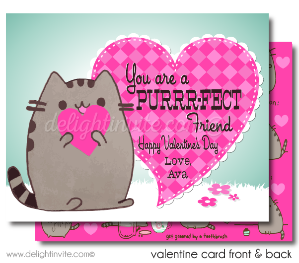 Cute Pusheen kitty cat girls digital printable valentine's day cards for school classroom