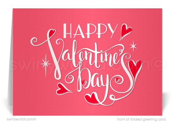 This Valentine's Day, show your business clients just how much you value their partnership with our exclusive greeting card, designed to capture the essence of gratitude and professional camaraderie, this card features a captivating illustration of a "Happy Valentine's Day" message in retro style typography with sweet hearts and starbursts.