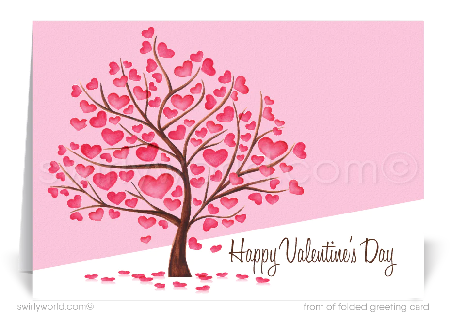 Cute retro pink tree with hearts Valentine's Day greeting cards for business. 