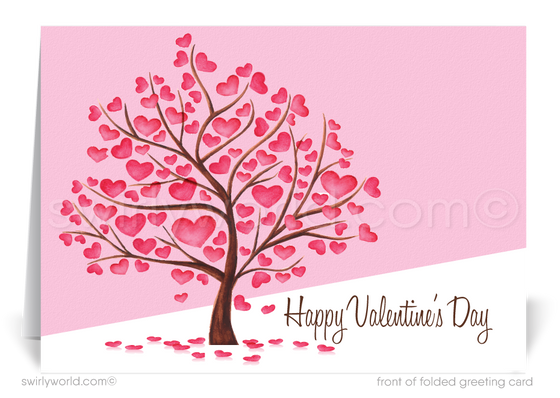 Cute retro pink tree with hearts Valentine's Day greeting cards for business. 