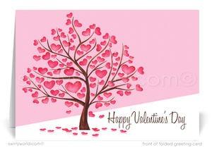 Cute retro pink tree with hearts Valentine's Day greeting cards for business. 