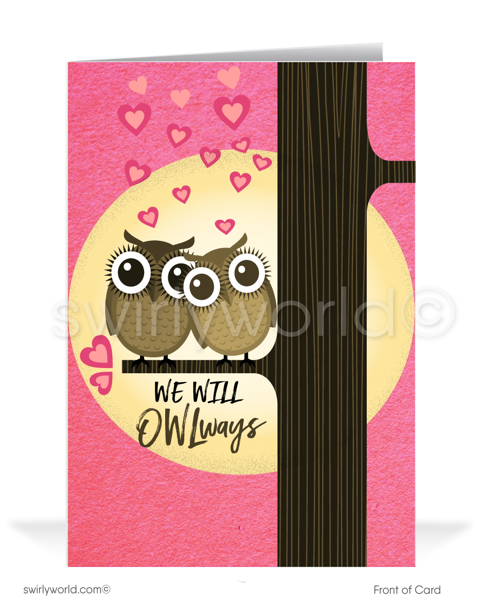 Cute Owl Retro Modern Valentine's Day Cards for Clients. Cute owls in tree retro modern happy Valentine's Day cards for business professionals.