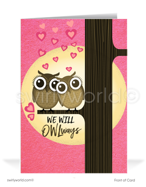 Cute Owl Retro Modern Valentine's Day Cards for Clients. Cute owls in tree retro modern happy Valentine's Day cards for business professionals.