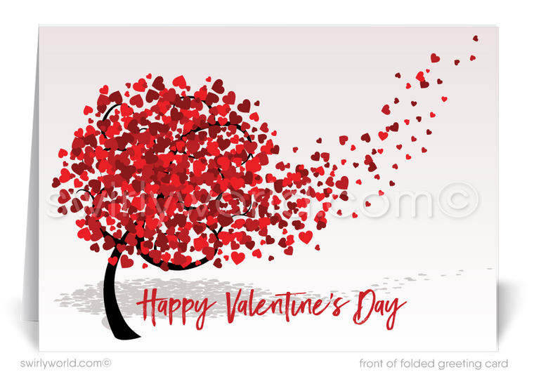 Whimsical hearts floating off tree happy Valentine's Day cards for business professionals to send clients.