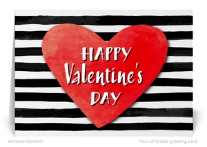 Digital black and white striped pink heart retro Valentine's Day cards for business professionals.