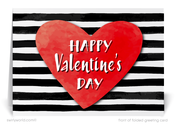 Digital black and white striped pink heart retro Valentine's Day cards for business professionals.