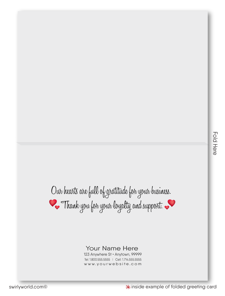 This Valentine's Day, elevate your expression of gratitude and appreciation with our elegantly designed greeting cards, crafted especially for business professionals. Our card features a beguiling flying cupid cartoon illustration with retro typography saying "Happy Valentine's Day" inscribed on a large red heart with a sky blue backdrop adorned with hearts and starbursts.