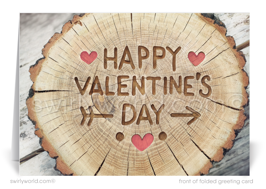Rustic wood grain log professional business happy Valentine's Day cards for customers and clients.