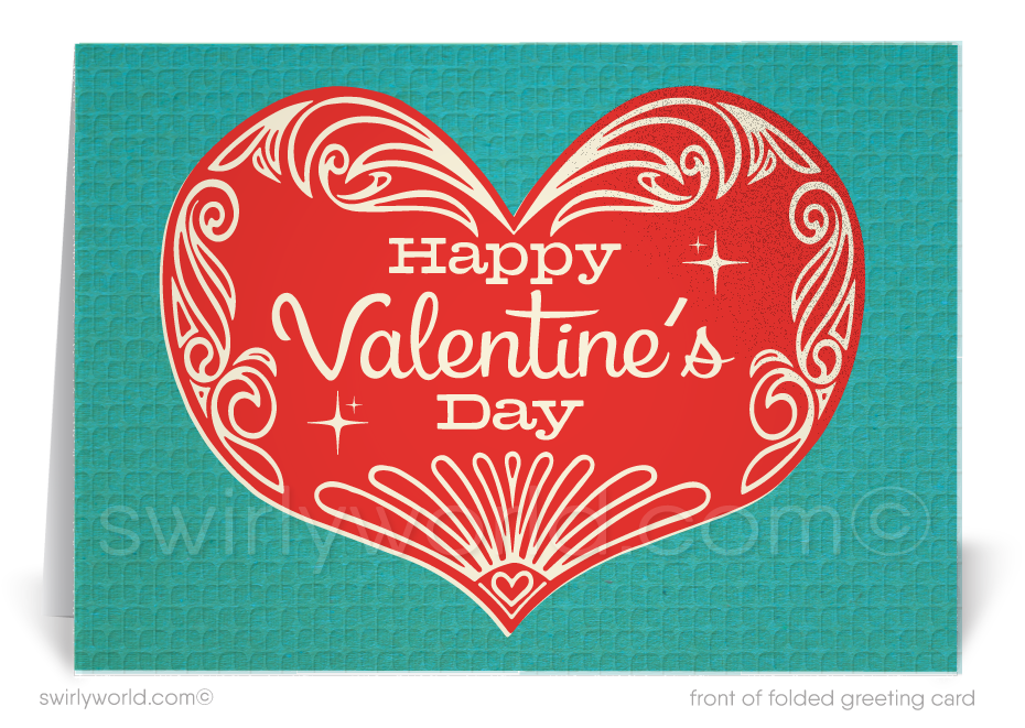 This Valentine's Day, elevate your expression of gratitude and appreciation with our elegantly designed greeting cards, crafted especially for business professionals. Our card features a mid-century style vintage heart with the words "Happy Valentine's Day" displayed retro typography.