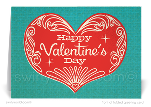 This Valentine's Day, elevate your expression of gratitude and appreciation with our elegantly designed greeting cards, crafted especially for business professionals. Our card features a mid-century style vintage heart with the words "Happy Valentine's Day" displayed retro typography.