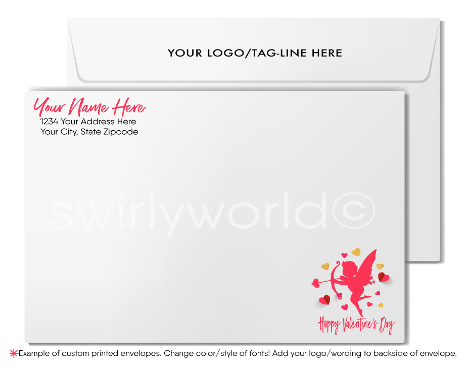 Business Pink and Gold Whimsical Watercolor Hearts Valentine's Day Cards for Customers