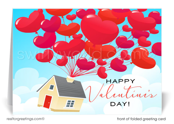 Client Happy Valentine's Day Cards for Realtors®. Retro cute balloon hearts floating house happy Valentine's Day greeting cards for Realtors.