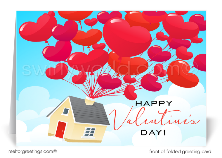 Client Happy Valentine's Day Cards for Realtors®. Retro cute balloon hearts floating house happy Valentine's Day greeting cards for Realtors.
