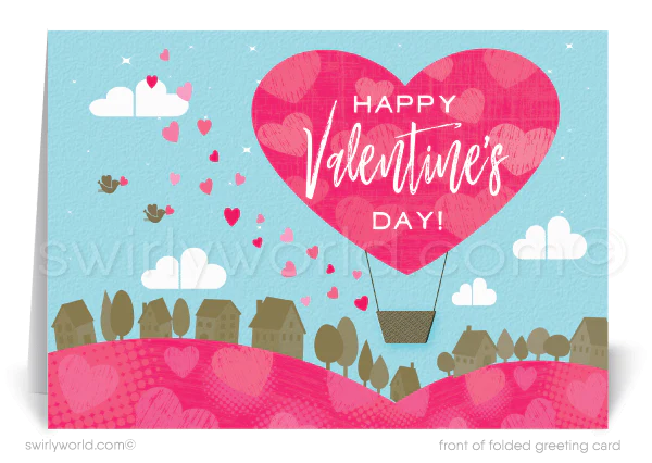 Cute heart-shaped hot air balloon over neighborhood of houses happy Valentine's Day cards for realtors.