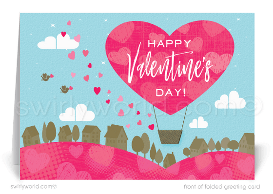 Cute heart-shaped hot air balloon over neighborhood of houses happy Valentine's Day cards for realtors.