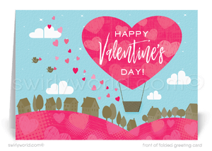 This Valentine's Day greeting card features a whimsical heart-shaped hot air balloon, adorned with the phrase 'Happy Valentine's Day' in stylish retro typography, gracefully soaring above a picturesque suburban neighborhood.