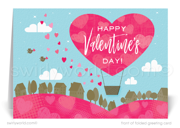This Valentine's Day greeting card features a whimsical heart-shaped hot air balloon, adorned with the phrase 'Happy Valentine's Day' in stylish retro typography, gracefully soaring above a picturesque suburban neighborhood.