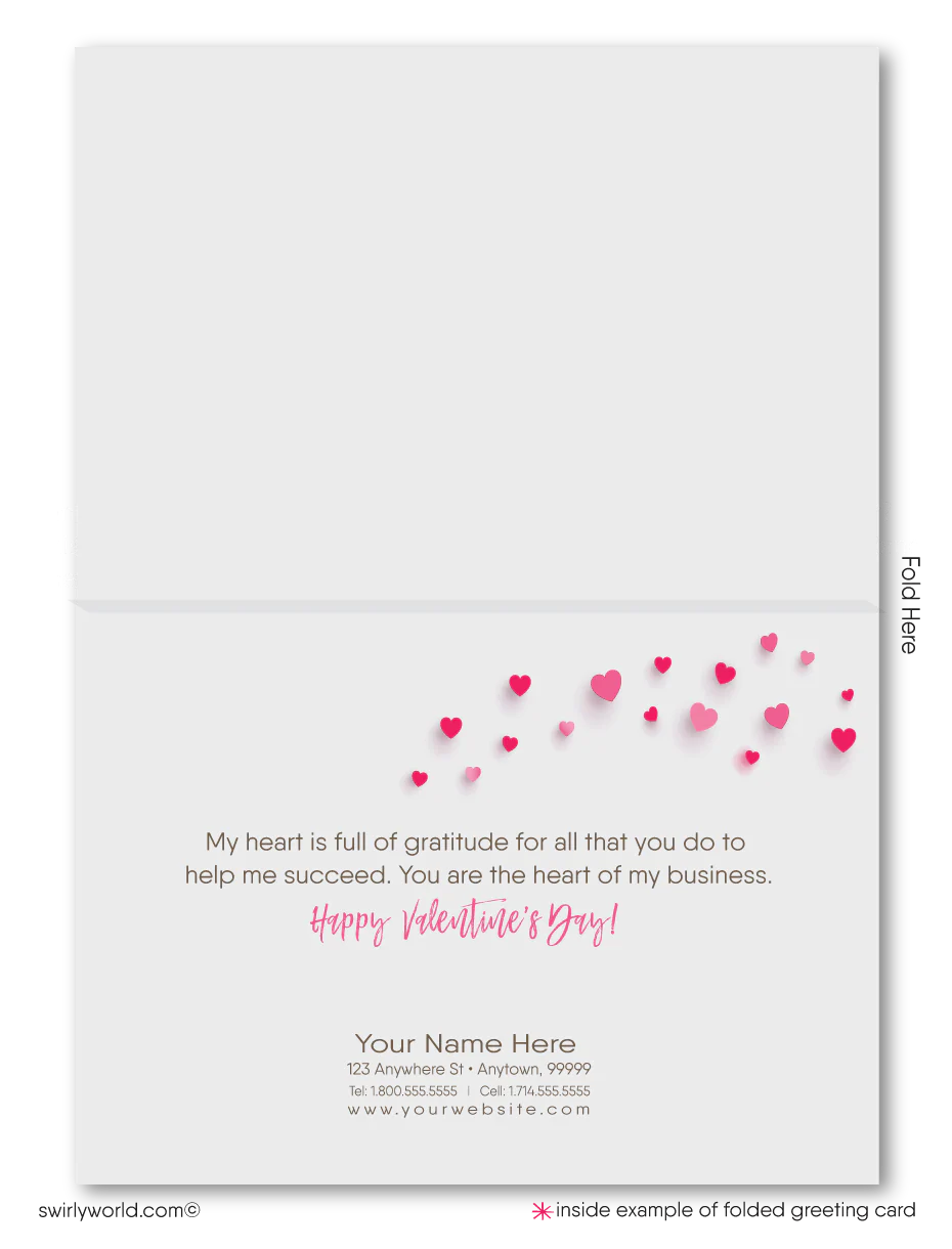 Cute heart-shaped hot air balloon over neighborhood of houses happy Valentine's Day cards for realtors.