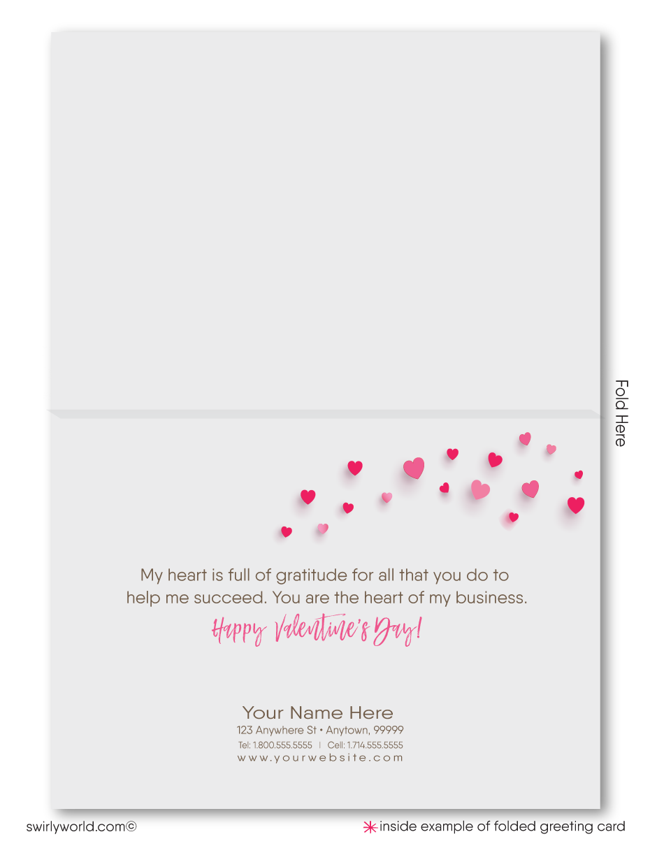 This Valentine's Day greeting card features a whimsical heart-shaped hot air balloon, adorned with the phrase 'Happy Valentine's Day' in stylish retro typography, gracefully soaring above a picturesque suburban neighborhood.