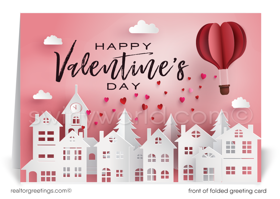 This Valentine's Day, immerse yourself and your clients in an atmosphere of affection and thankfulness with our exclusively designed greeting card, a perfect offering from realtors to their valued clients. The card features a whimsical heart-shaped hot air balloon dropping hearts that are floating down.
