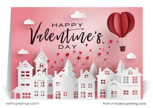This Valentine's Day, immerse yourself and your clients in an atmosphere of affection and thankfulness with our exclusively designed greeting card, a perfect offering from realtors to their valued clients. The card features a whimsical heart-shaped hot air balloon dropping hearts that are floating down.