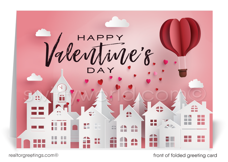 This Valentine's Day, immerse yourself and your clients in an atmosphere of affection and thankfulness with our exclusively designed greeting card, a perfect offering from realtors to their valued clients. The card features a whimsical heart-shaped hot air balloon dropping hearts that are floating down.