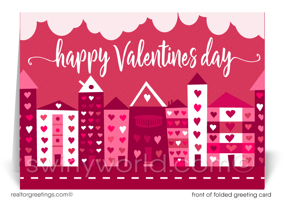 Cute Client Happy Valentine's Day Cards for Realtors®. Cute pink and red houses with hearts client happy Valentine's Day cards for realtors.
