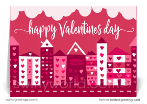 Cute Client Happy Valentine's Day Cards for Realtors®. Cute pink and red houses with hearts client happy Valentine's Day cards for realtors.