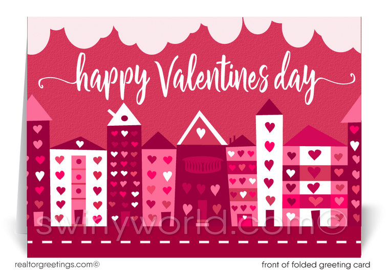 Cute Client Happy Valentine's Day Cards for Realtors®. Cute pink and red houses with hearts client happy Valentine's Day cards for realtors.